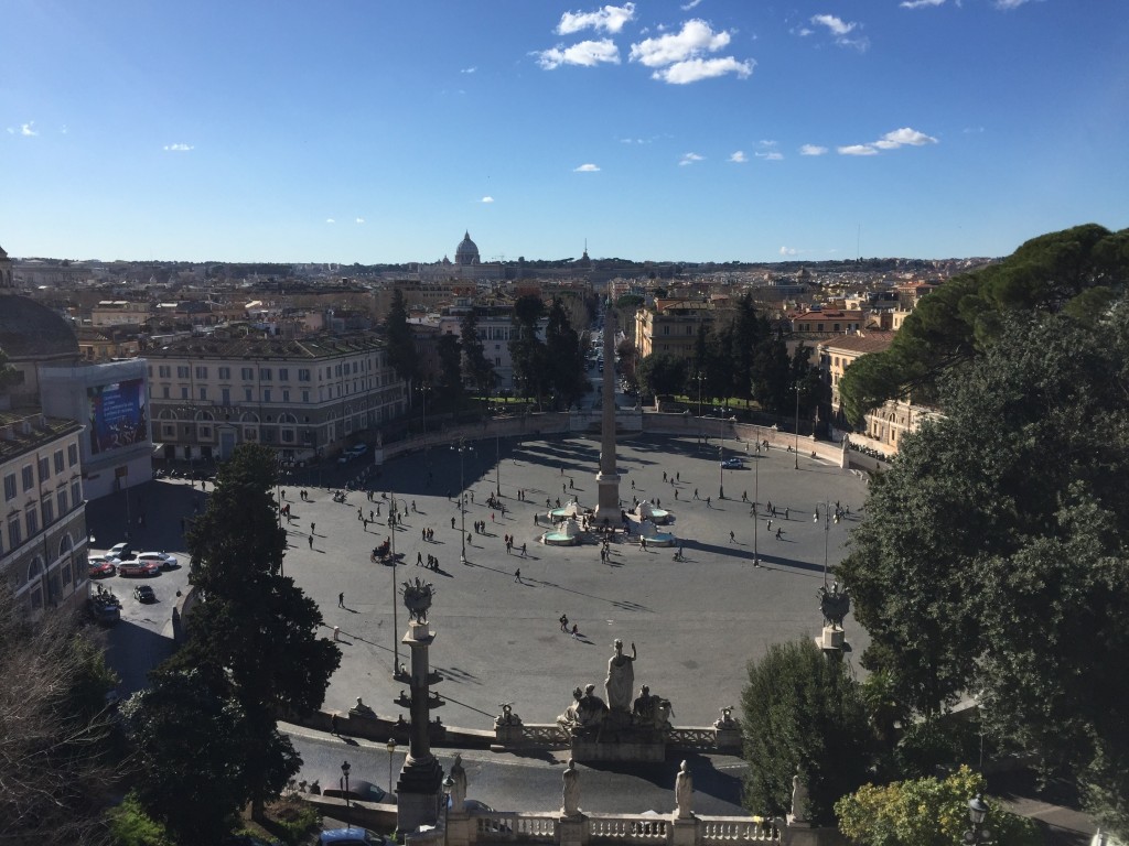 Back to where I came in, but this time looking out over the Piazza del Popolo and towards St Peter's Basilica. (Note: it's 1:45, but still winter enough that the sun is low and the shadows are long.)